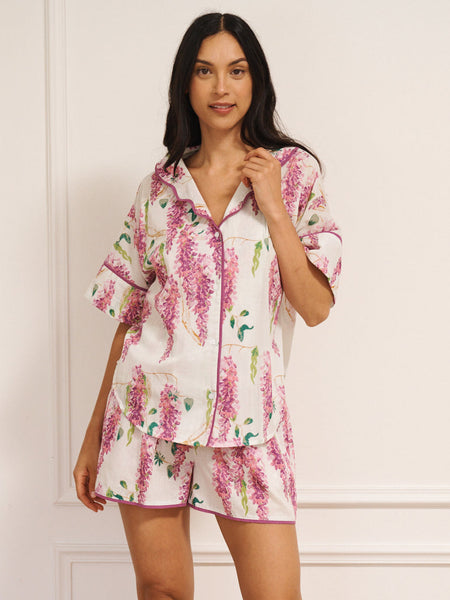 Womens White Wisteria Cotton Voile Oversize Shorts Pyjama Set