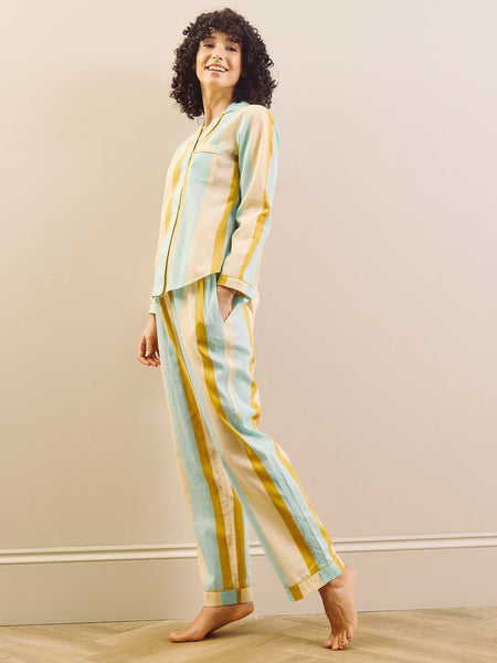 Womens Voile Traditional Pyjamas Aqua Gold Sunbeam Stripe