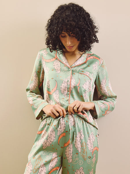Womens Satin Traditional Pyjamas Sage Pink Moon