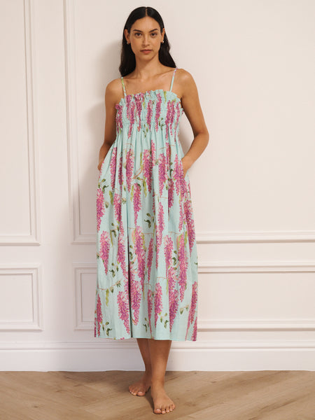 Womens Cotton Shirred Cami Midi Nightdress Duck Egg Wisteria