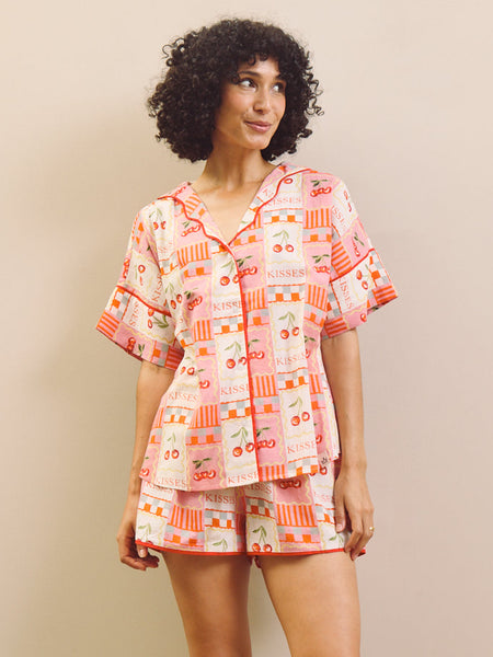 Pink Cherry Kisses Gauze Oversized Short Pyjama Set