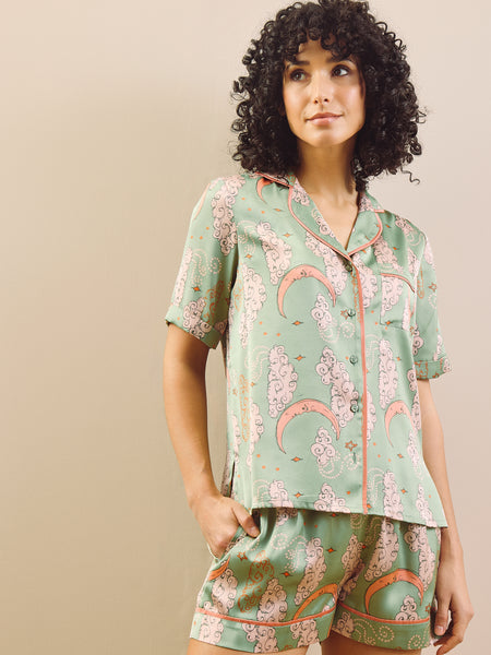 Womens Satin Shortie Pyjamas Sage Pink Moon