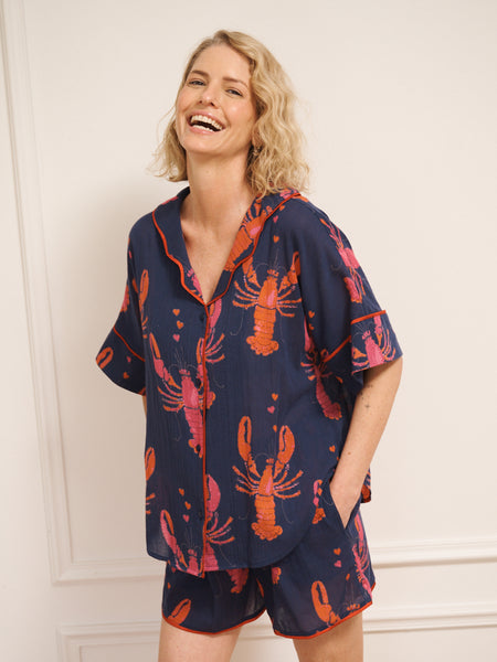 Womens Navy Lobster Gauze Oversize Shorts Pyjama Set