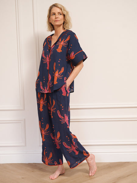 Womens Gauze Oversize Pyjamas Navy Lobster
