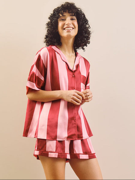 Womens Satin Oversize Shortie Pyjamas Pink Stripe