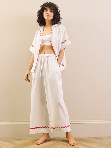 Womens White with Red Ric Rac Trim Linen Blend Oversize Pyjama Set