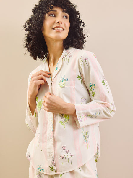 Womens White Scallop Floral Cotton Traditional Pyjama Set