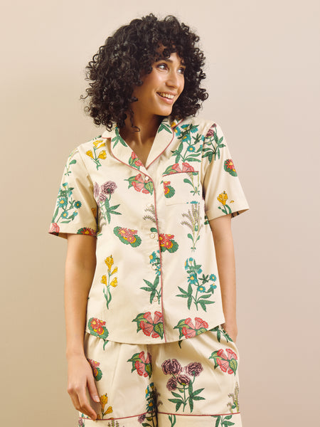 Womens Natural Cream Wallpaper Floral Cotton Shorts Pyjama Set