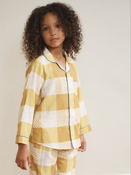 Kids Golden Yellow Gingham Seersucker Traditional Long Pyjama Set