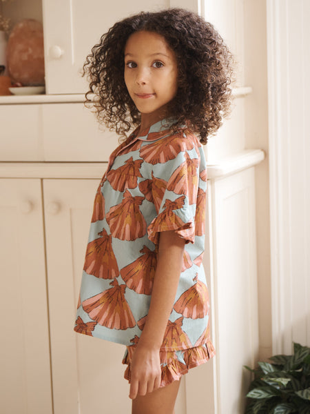 Girls Aqua Blue & Pink Turning Tides Cotton Frill Shorts Pyjamas Set