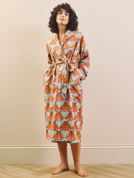 Womens Aqua Blue Turning Tides Cotton Grandpa Dressing Gown