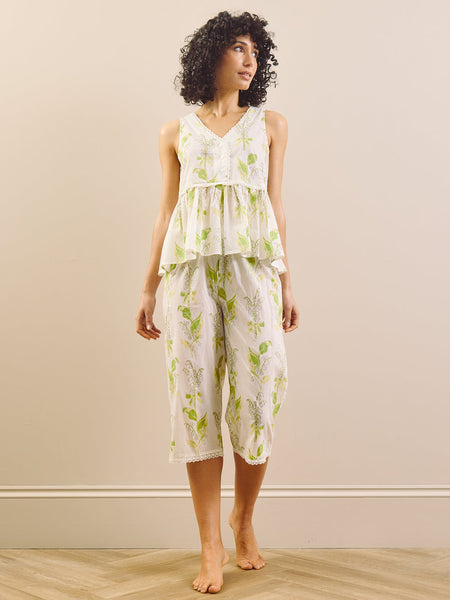 Womens White Lily Of The Valley Cotton Voile Button Through Peplum Cropped Pyjama Set