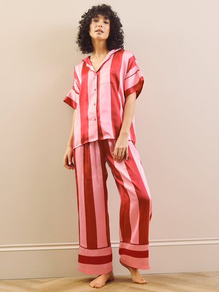 Womens Satin Oversize Pyjamas Pink Stripe