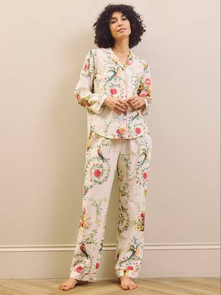 Womens White Neo Classical Bouquet Cotton Traditional Pyjama Set