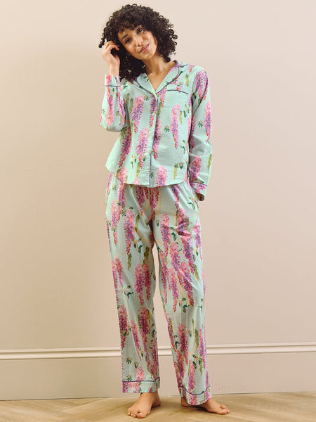 Womens Cotton Traditional Pyjamas Duck Egg Wisteria