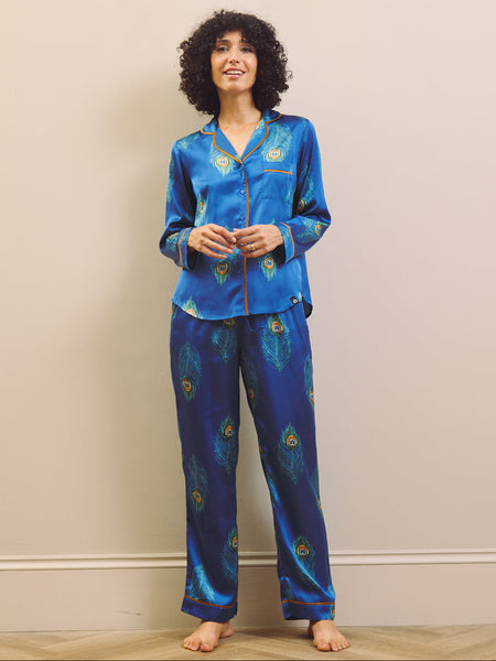 Womens Satin Traditional Pyjamas Navy Peacock Feather