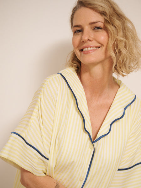 Womens Yellow Ticking Stripe Gauze Oversize Pyjama Set
