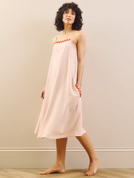 Womens Blush Pink with Red Contrast Trim Linen Blend Apron Midi Night Dress