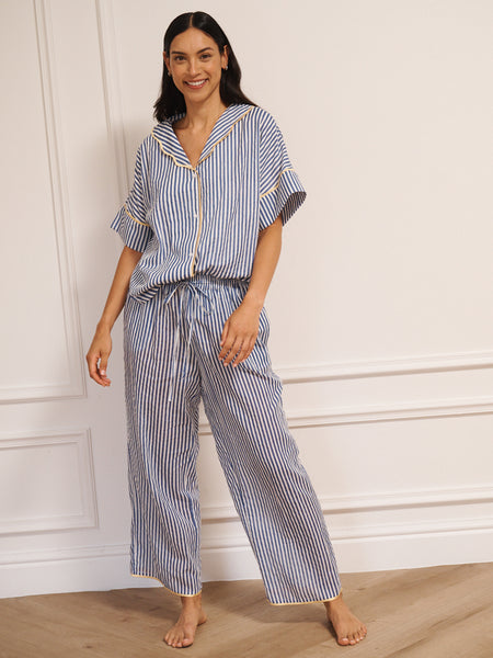 Womens Navy Ticking Stripe Gauze Oversize Pyjama Set