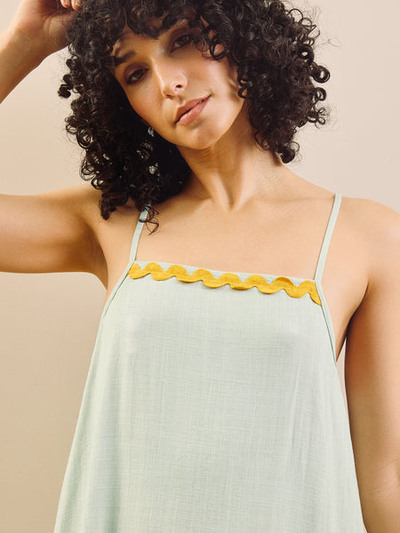 Womens Aqua Blue with Gold Contrast Trim Linen Blend Apron Midi Night Dress