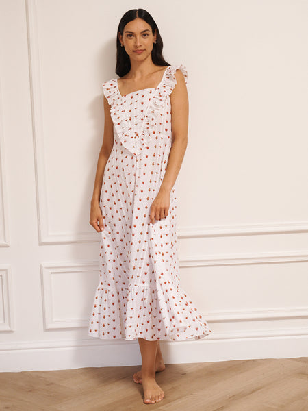Womens Cotton Seersucker V Frill Nightdress White Teeny Tiny Sacred Hearts