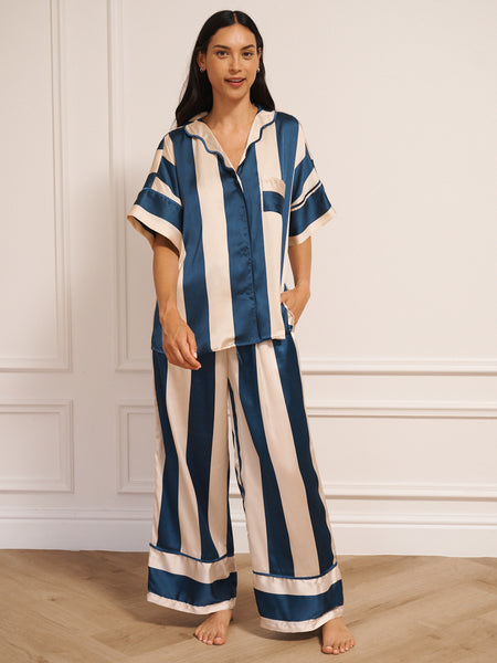 Womens Satin Oversize Pyjamas Navy Stripe