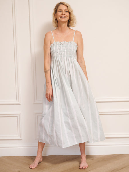 Womens Cotton Shirred Cami Midi Nightdress Aqua Brushed Stripe