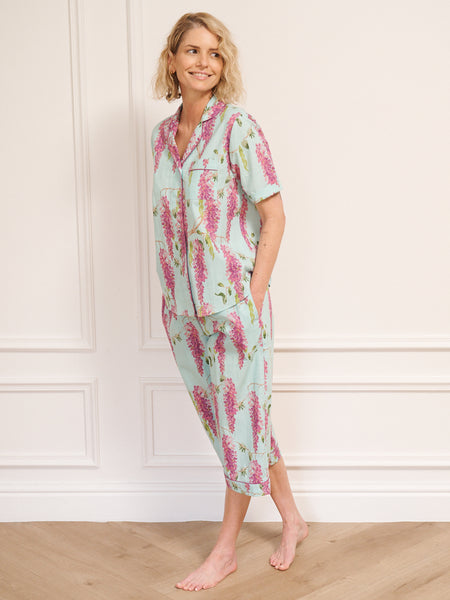 Womens Cotton Short Sleeve Capri Pyjamas Duck Egg Wisteria