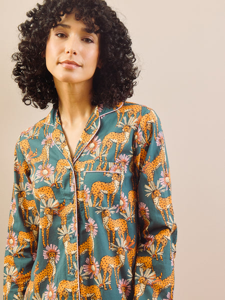Womens Cotton Traditional Pyjamas Grey Untamed Cheetah