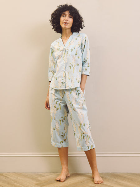Pale Blue Wisteria Cotton Cropped Pyjama Set