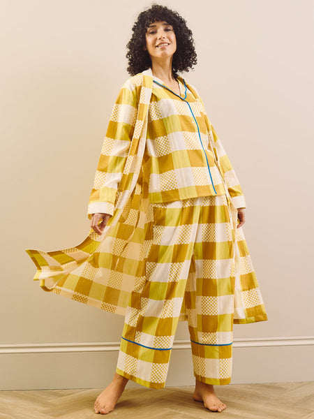 Womens Golden Yellow Patchwork Gingham Seersucker Grandpa Dressing Gown