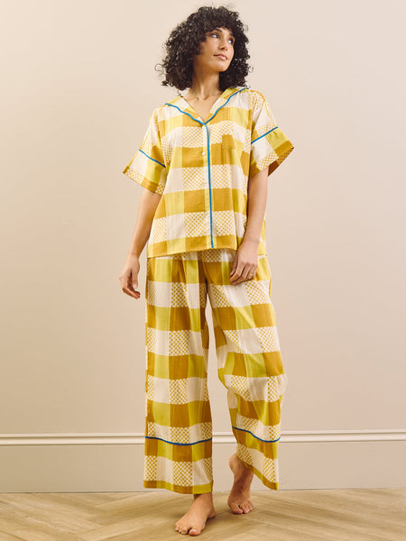 Womens Golden Yellow & Blue Trim Patchwork Gingham Seersucker Oversize Pyjama Set