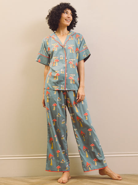 Womens Charcoal Mushroom Cotton Voile Oversize Pyjama Set