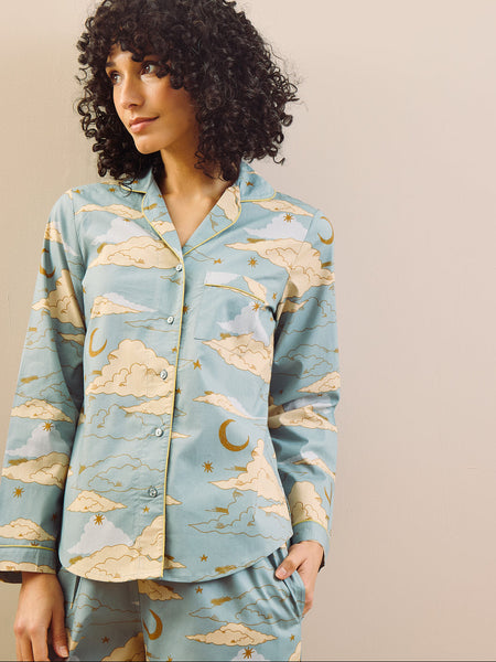 Womens Cotton Traditional Pyjamas Light Blue Cloudy Skies