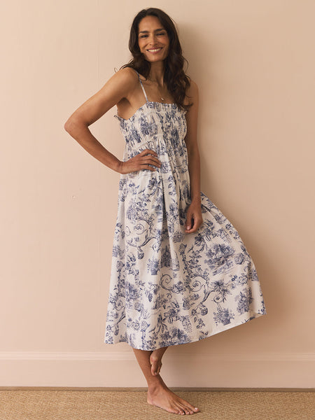 Their Nibs x French Bedroom Navy Blue Toile Shirred Midi Nightdress