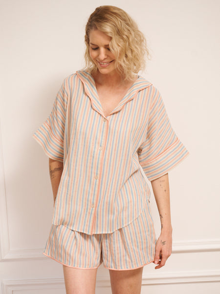 Womens Baby Pastel Stripe Gauze Oversize Shorts Pyjama Set