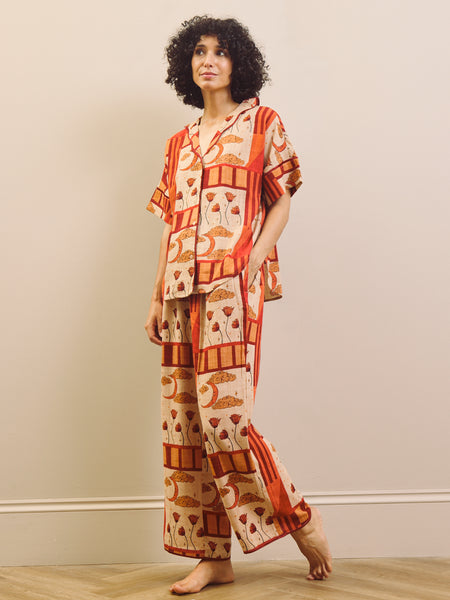 Womens Natural Patchwork Sky Flower Linen Blend Oversize Long Pyjama Set