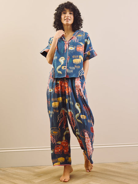 Womens Navy Ocean Dreaming Gauze Oversize Long Pyjama Set