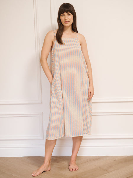 Womens Baby Pastel Stripe Cotton Gauze Midi Nightdress
