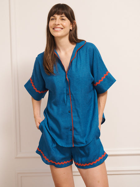 Womens Cobalt Blue With Contrast Ric Rac Trim Linen Blend Oversize Short Pyjama Set
