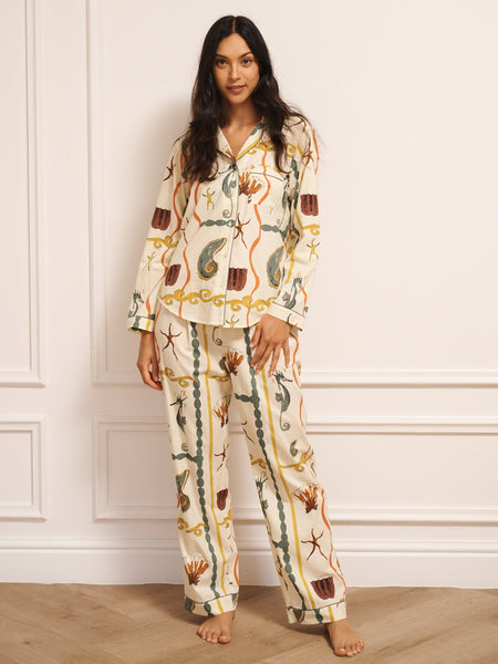 Womens Cotton Traditional Pyjamas Natural Sea Life Tile