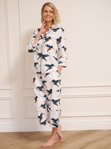 Womens Cotton Cropped Sleeve Capri Pyjamas White Hummingbird
