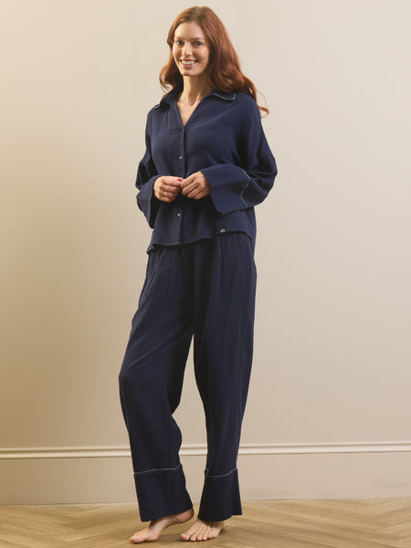 Womens Navy with Light Blue Contrast Trim Gauze Shirting Pyjama Set