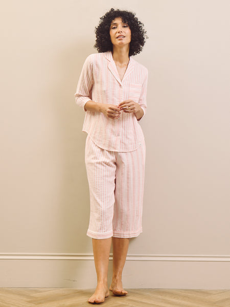 Baby Pink Multi Stripe Gauze Capri Pyjama Set
