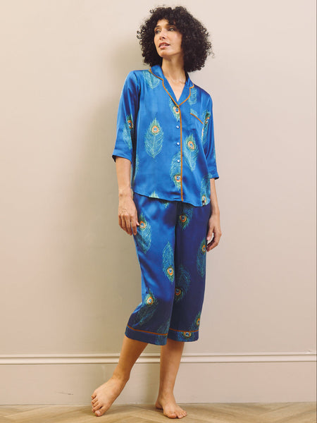Womens Satin Cropped Sleeve Capri Pyjamas Navy Blue Peacock Feather