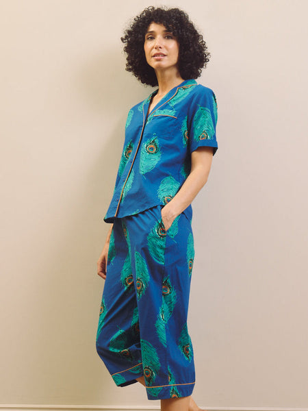 Navy Blue Peacock Feather Cotton Short Sleeve Capri Pyjama Set