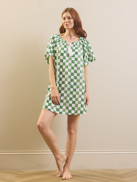 Womens Green Watercolour Gingham Seersucker Drop Shoulder Mini Nightdress
