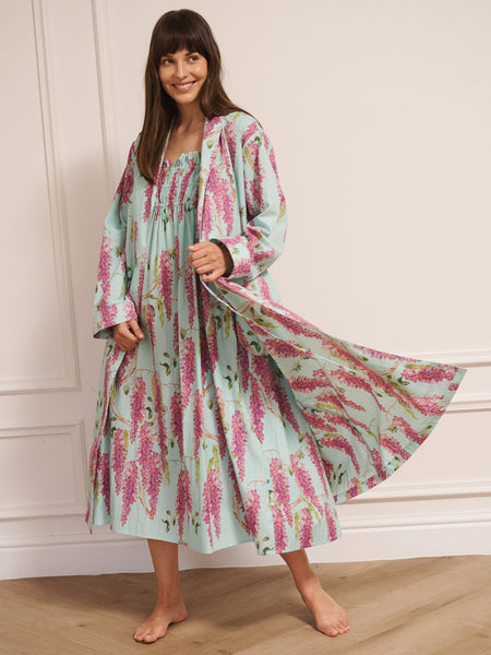 Womens Cotton Grandpa Dressing Gown Robe Duck Egg Wisteria