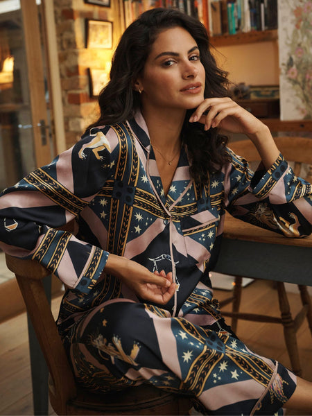 Navy Celestial Dreaming Satin Traditional Pyjama Set