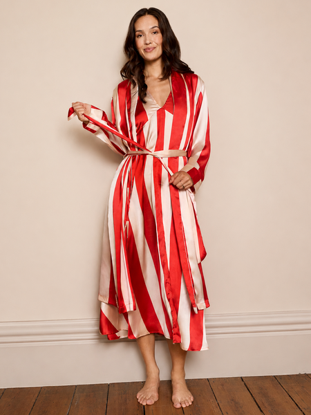 Womens Satin Grandpa Dressing Gown Robe Red Stripe